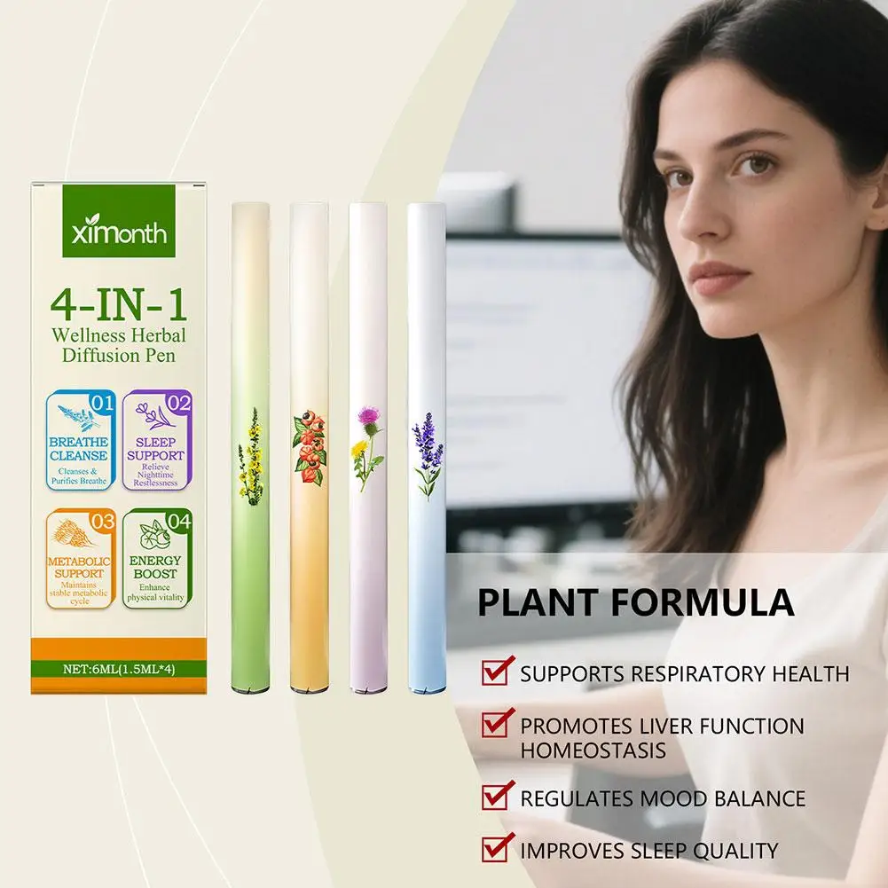 4pcs Aromatherapy Diffuser Air Freshener Pen Herbal Lung Purifier Cleansing Stick Mint Oil Relieves Drowsiness Clear Breathing