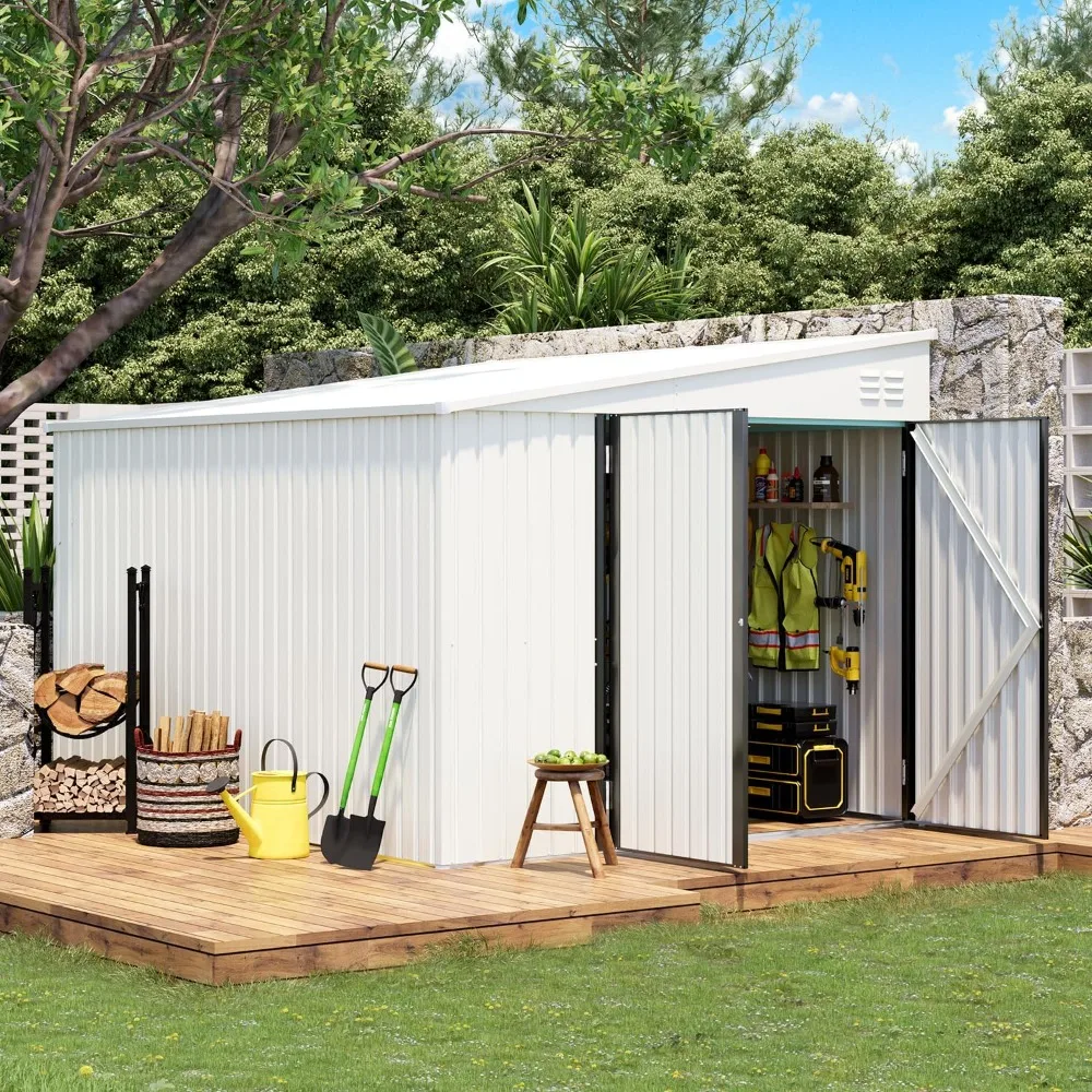 Shed Lean to Storage Shed, Large Outdoor 8' x 10Metal Wall Side Bike Shed & Outdoor Storage, Garden Storage Cabinet for Backayrd