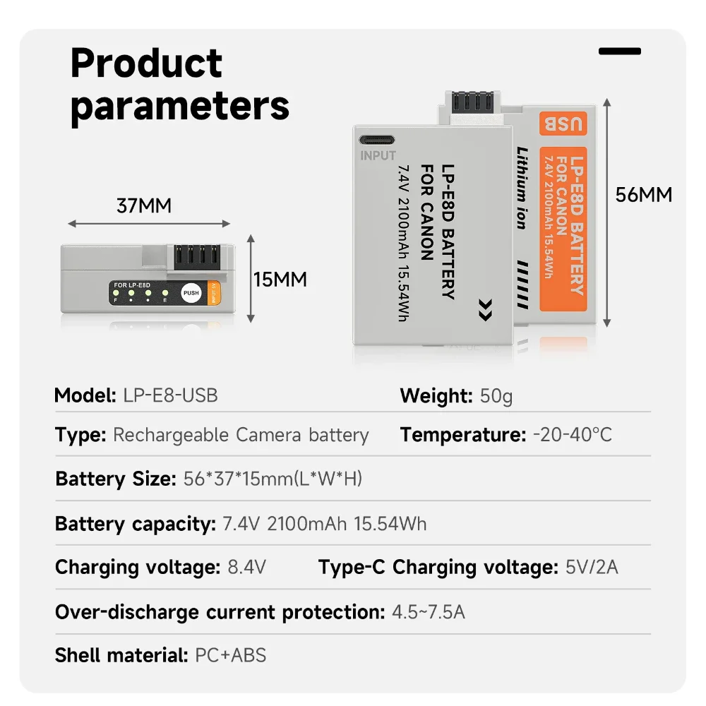 For Canon EOS 550D 600D 650D 700D Kiss X4 X5 X6i X7i Rebel T2i T3i T4i 2100mAh LP-E8 LP E8 LPE8 Type C Charging Camera Battery