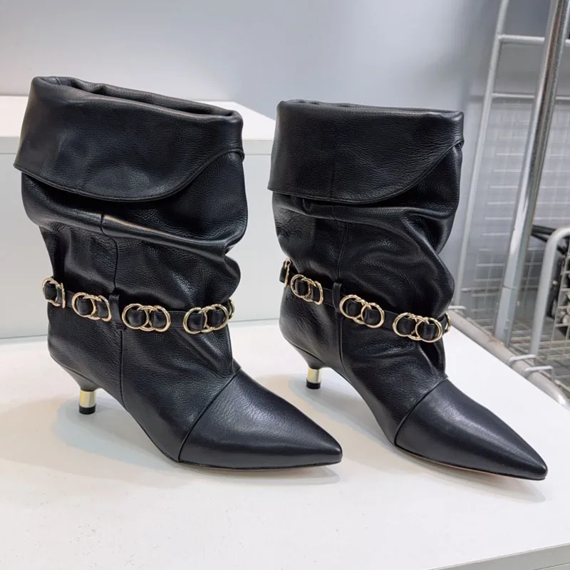 Women Cowhide Fold Over Slouch Mid Calf Boots Genuine Leather Sole Pointed Toe Thin Heel Metal Chain Decor Party Dress Footwear