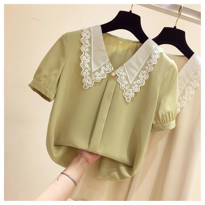 Women Casual Solid Loose Short Sleeve Chic Chiffon Shirt 2022 Summer Fashion Clothes Lace Patchwork All-match Sweet Blouses Tops