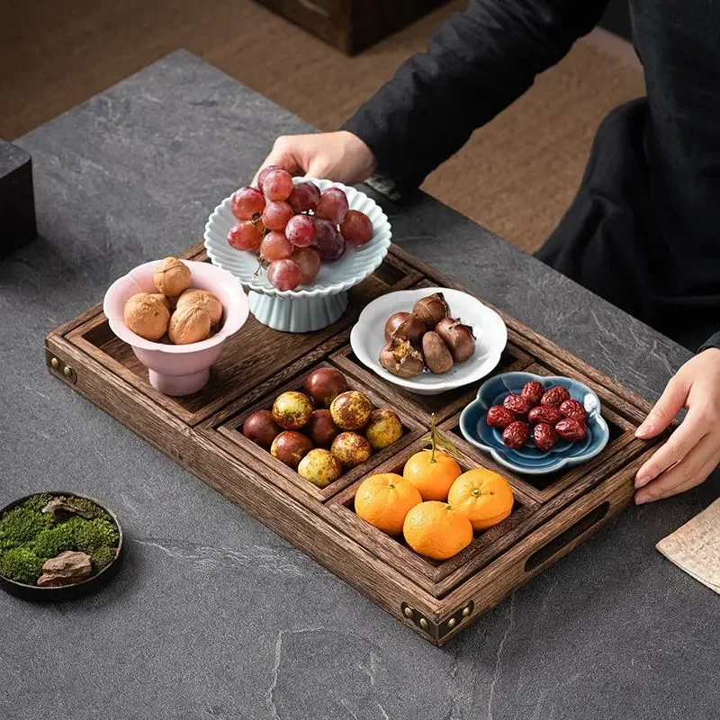 Solid Wood Tray for Brewing Tea In A Furnace Wooden Nested Tray Set Seven Piece Set of Burnt Tung Wood Antique TeaSet Split Tray