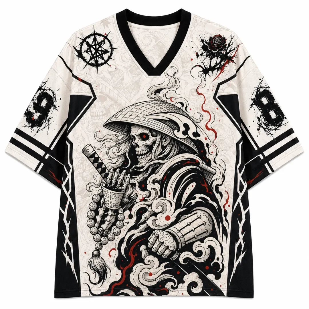 Japanese Ronin Skeleton Warrior Ghost Pattern Full Print Gothic Skeleton Rose Tattoo Style Breathable Mesh Sports T-shirt