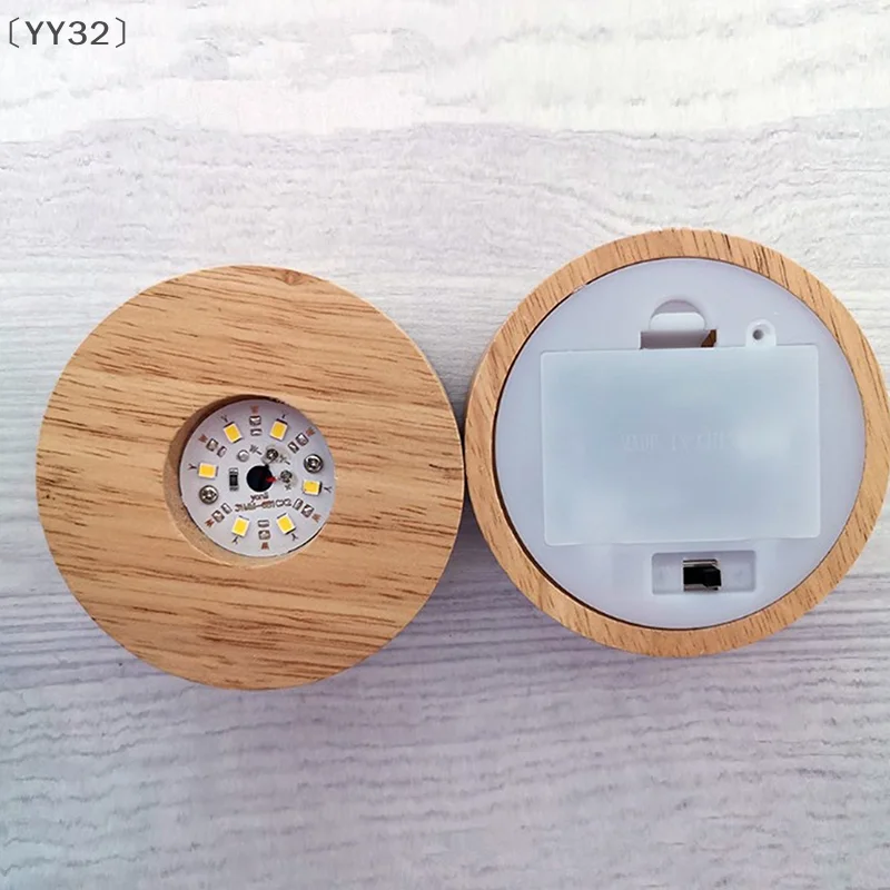 〔YY32〕8cm Round Wooden LED Light Dispaly Base Stand Holder 3D Table Night Lamp Base Crystal Glass Resin Art Ornaments