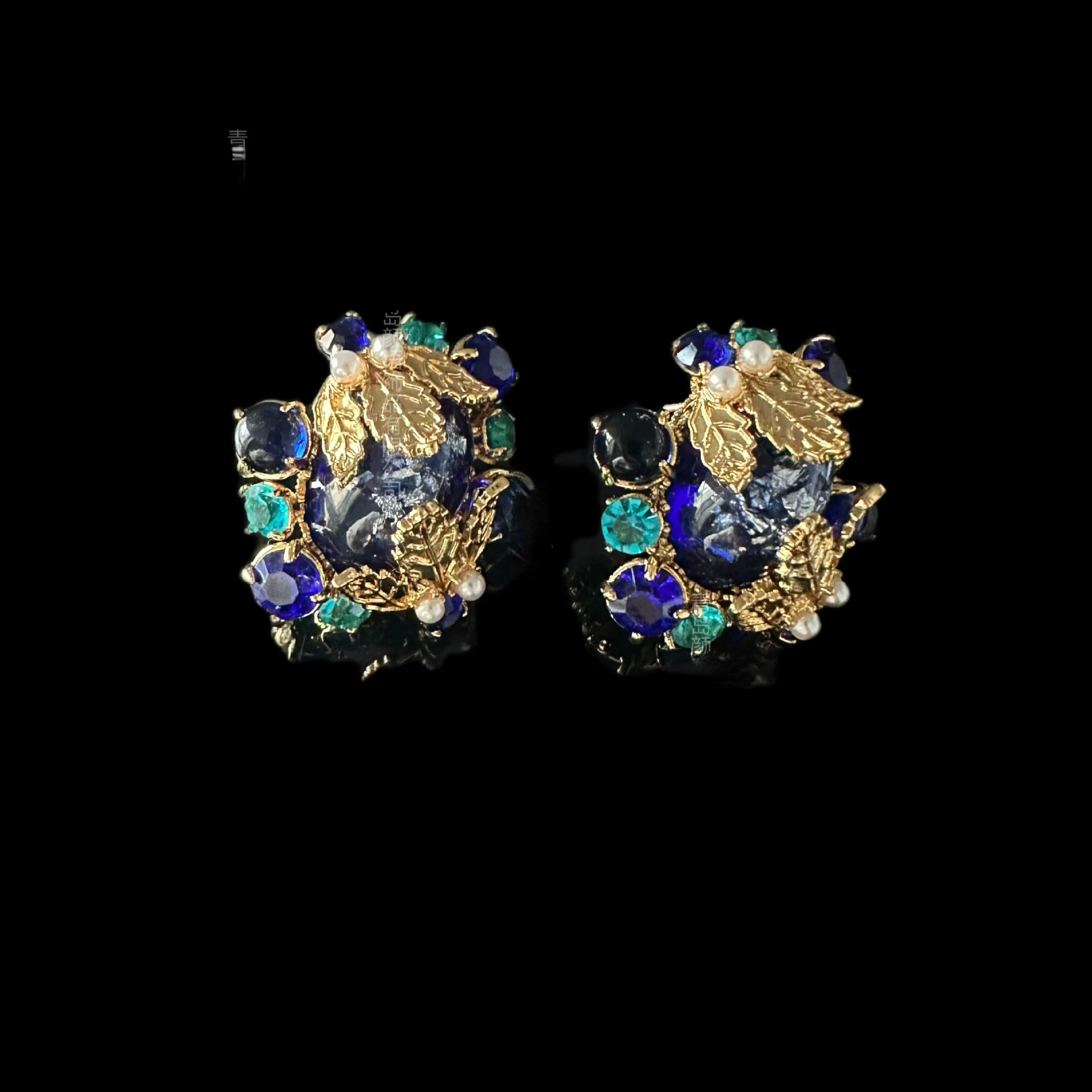 Vintage Luxury Women Copper 18k Gold Plated Leaf Bling Bling Zircon Green Blue Stud Earrings Set , Woman  Ear Accessories Gift