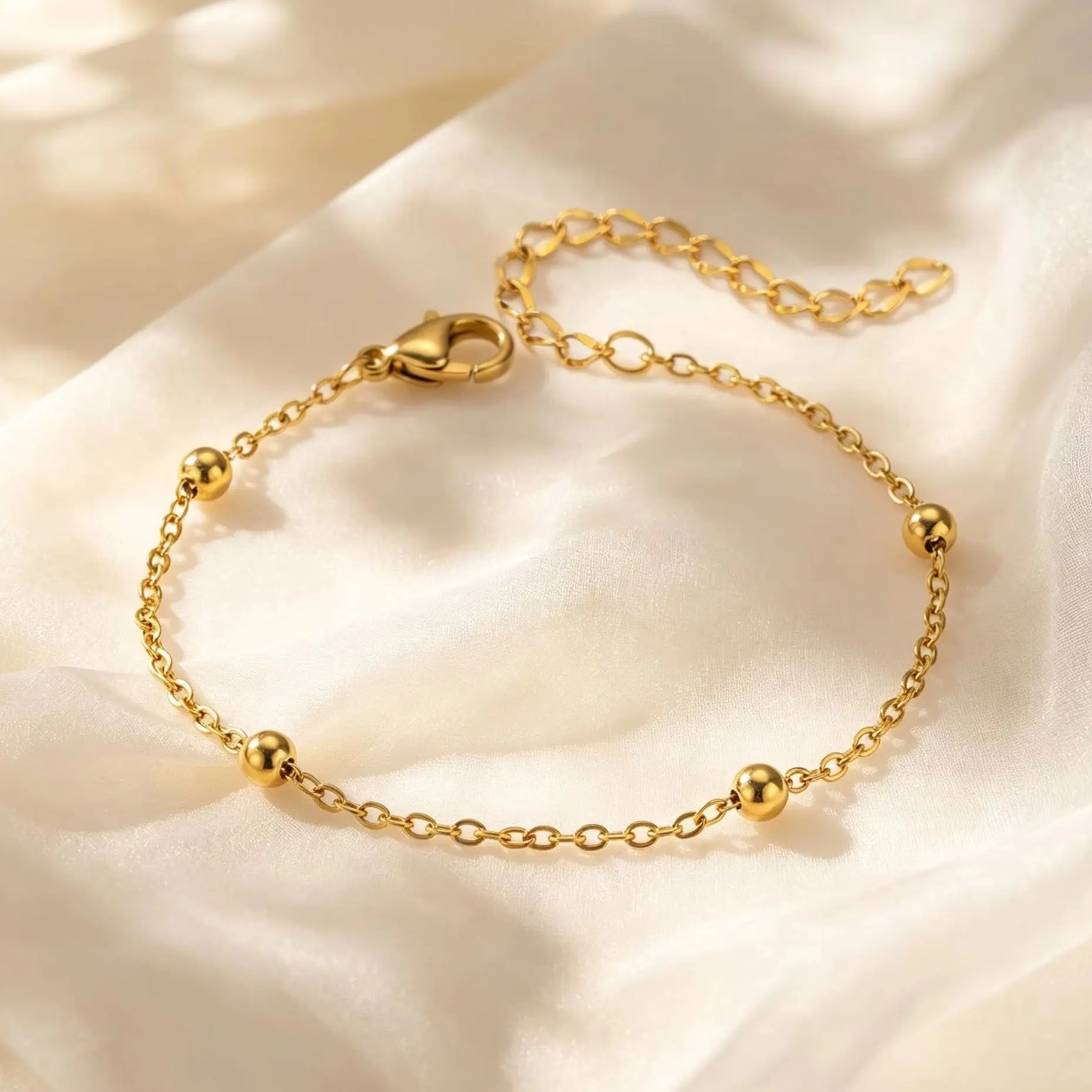 Simple Gold Plated Beaded Chain Bracelet for Women, Adjustable Stainless Steel Thin Chain Fashion Boho Layering Jewelry Gift