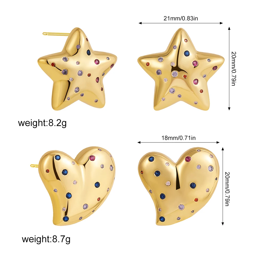 Stainless Steel Color Zircon Chunky Star Stud Earrings Women 18K Gold Plated PVD Shiny Rhinestone Heart Studs Wedding Jewelry