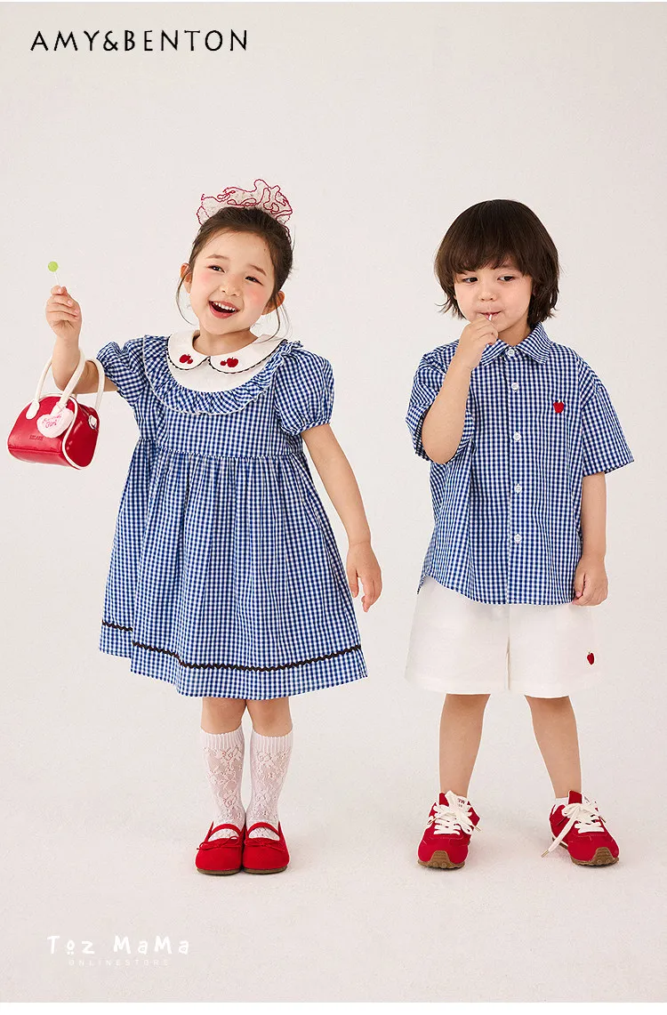 

Brother Sister Sibling Matching Outfit Summer Girls Doll Collar Puff Sleeve Embroidery Plaid Dress Boys Short-sleeve Shirt Set