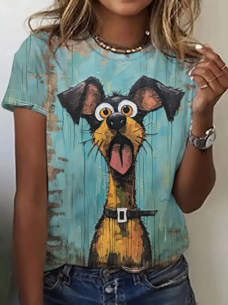 3D Cartoon Dog Printed T Shirt Women 2000s Y2k Tops Girls Cute Animal Print Casual Short Sleeve O-Neck T-shirt Female Funny Tees