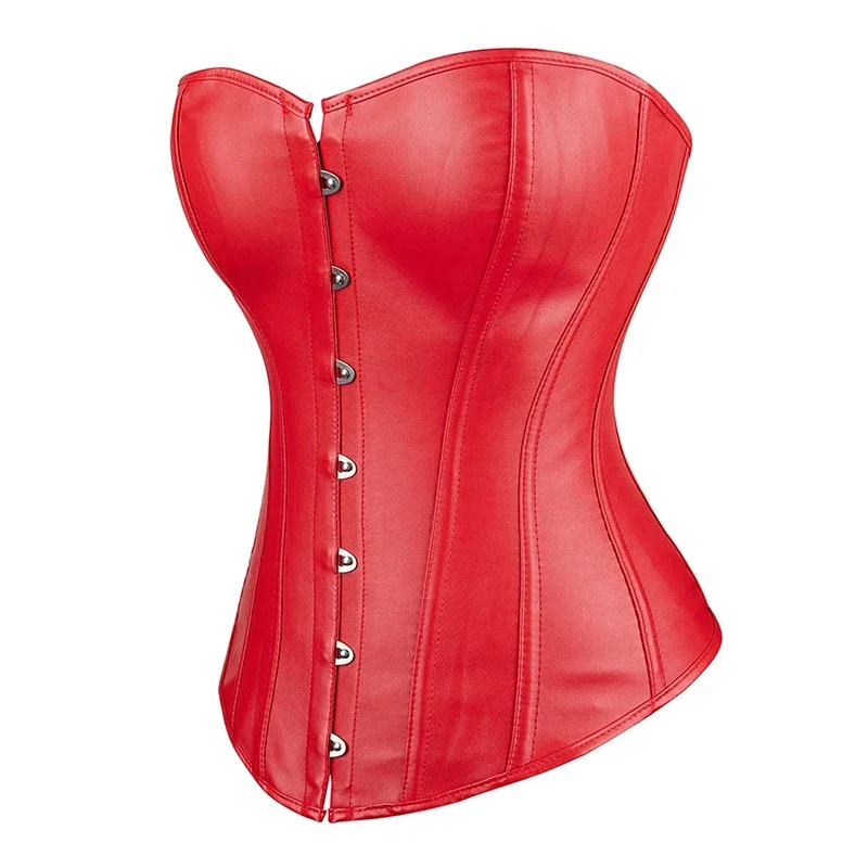 Faux Leather Corset Sexy Clubwear Bustier Hot Lingerie Zipper Overbust Corset Lace up Waist Cincher Top Plus Size Black Red