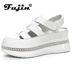 Fujin 7.5cm splot buty z prawdziwej skóry wygodne oddychające sandały damskie kapcie letnia platforma haczyk na koturnie Hollow mieszkania buty