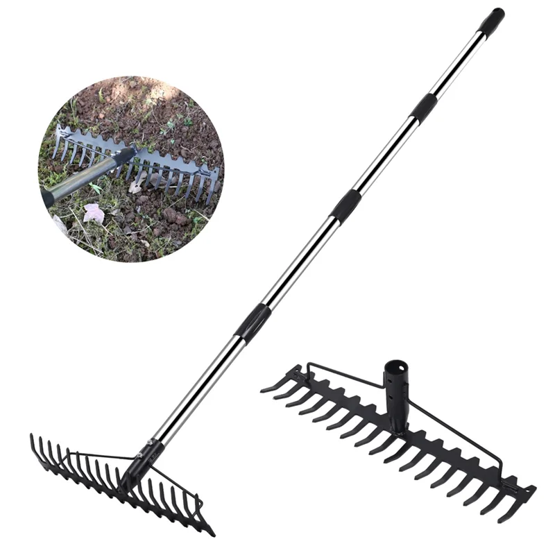 ABKJ-Bow Rake Heavy Duty Garden Rake 17 Steel Tines Metal Head Rake Tool For Loosening Soil Gathering Leaf Leveling Lawn