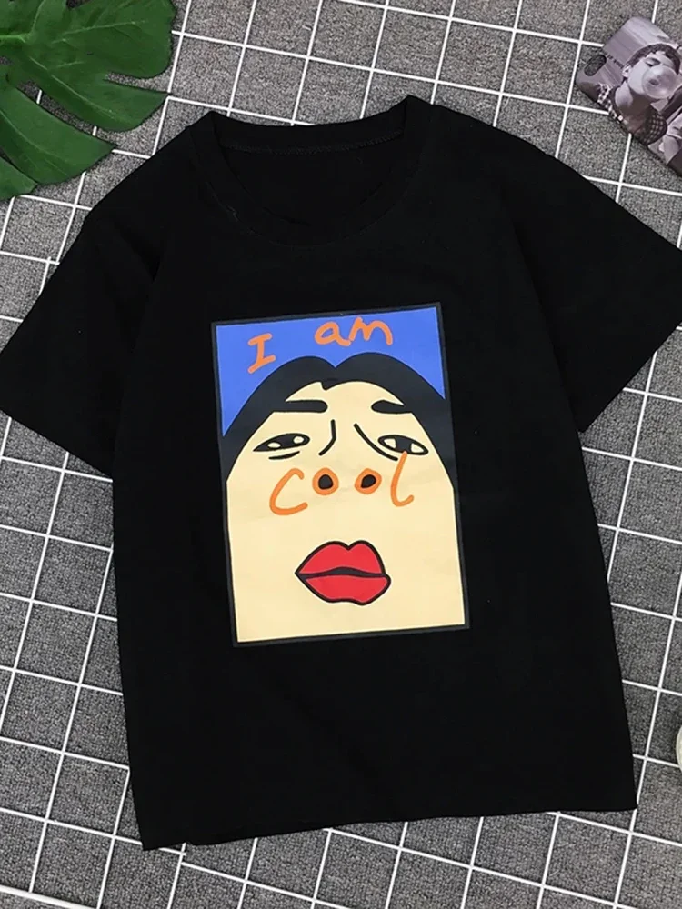 New Women's Solid Round Neck Short Sleeve T-shirt Summer Korean Fashion Casual Design Cartoon Print Loose Women T-shirt