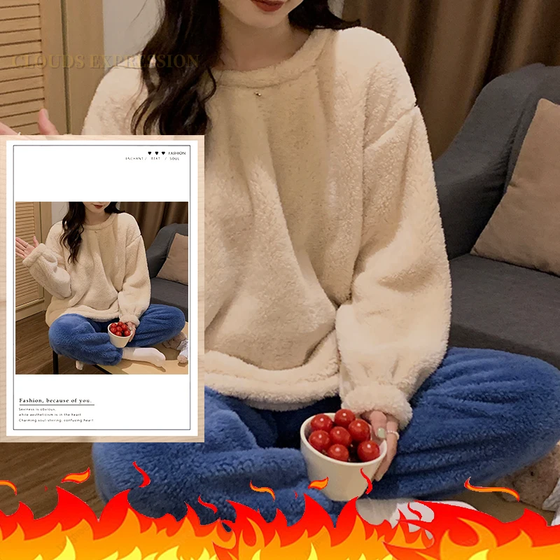 Winter Thermal Fleece Solid Women\'s Pajama Sets Pyjamas Warm Plush Pjs Loung Sleepwear Girls Pijama Mujer Night Suits Homewear