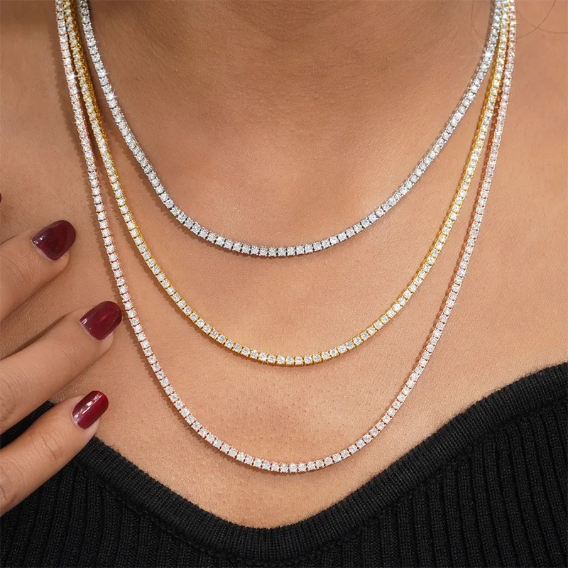 

Hip Hop Moissanite Tennis Chain Jewelry 2mm 925 Sterling Silver VVS Out Tennis Necklace Women