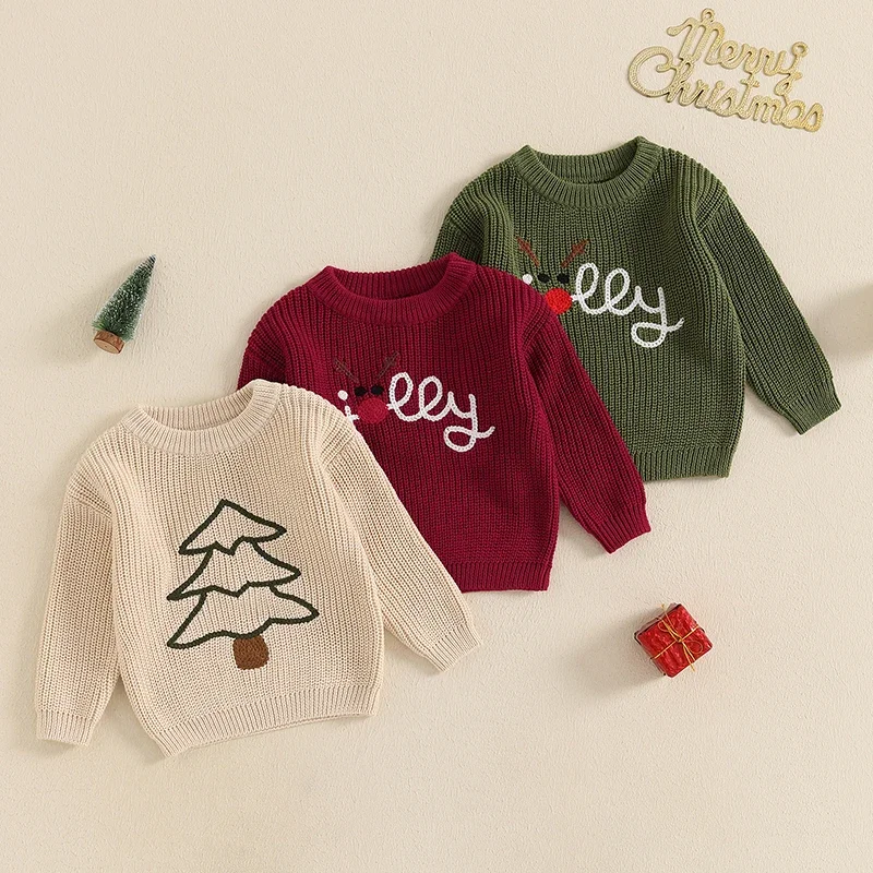 Baby Boys Girls Christmas Sweaters Newborn Reindeer Letter Embroidery Warm Pullover Knitwear Jumpers Tops