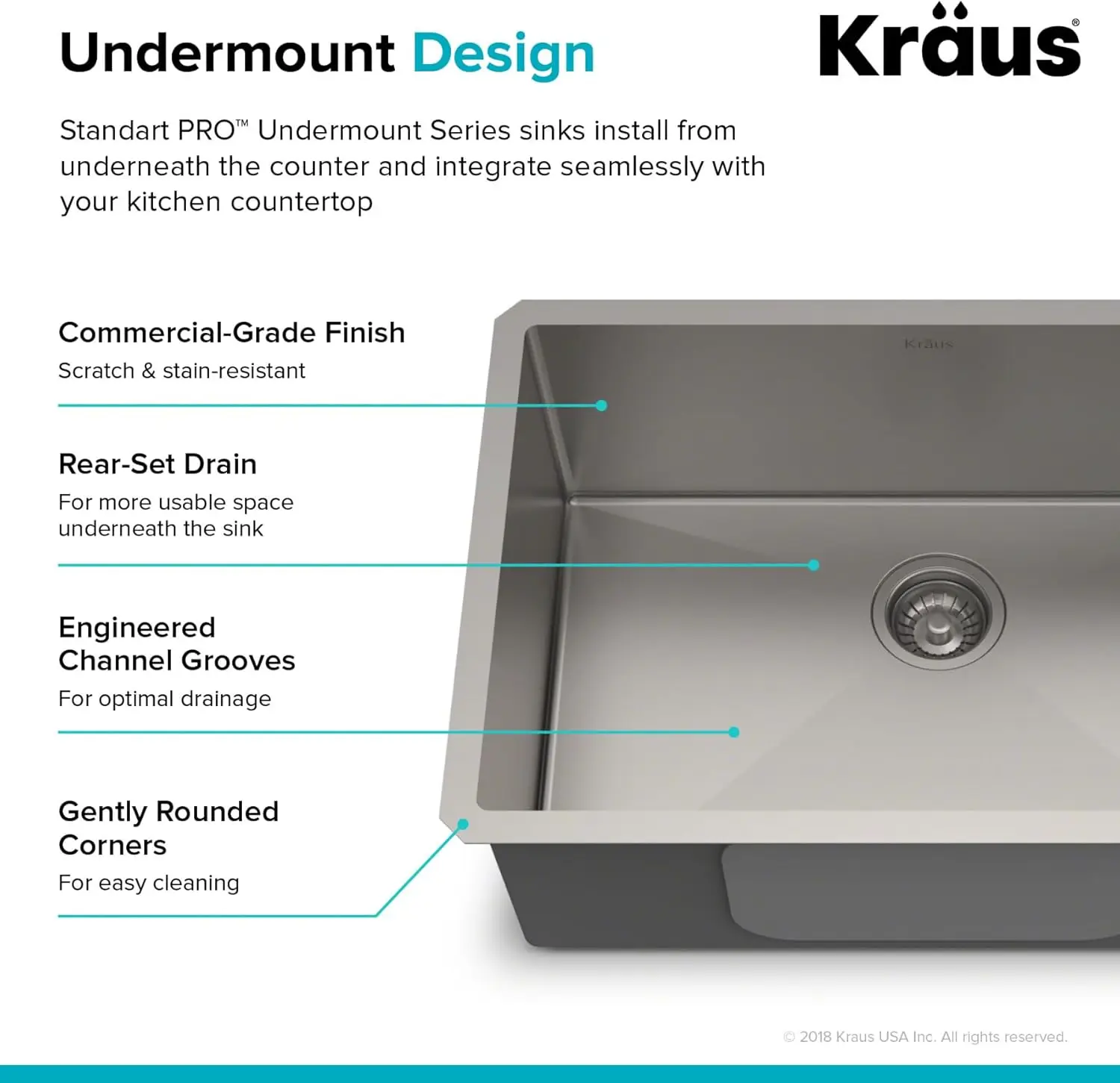 Kraus KHU100-26 Standart Pro 16 Gauge Undermount อ่างล้างจานชามเดี่ยว 26 นิ้ว สแตนเลส