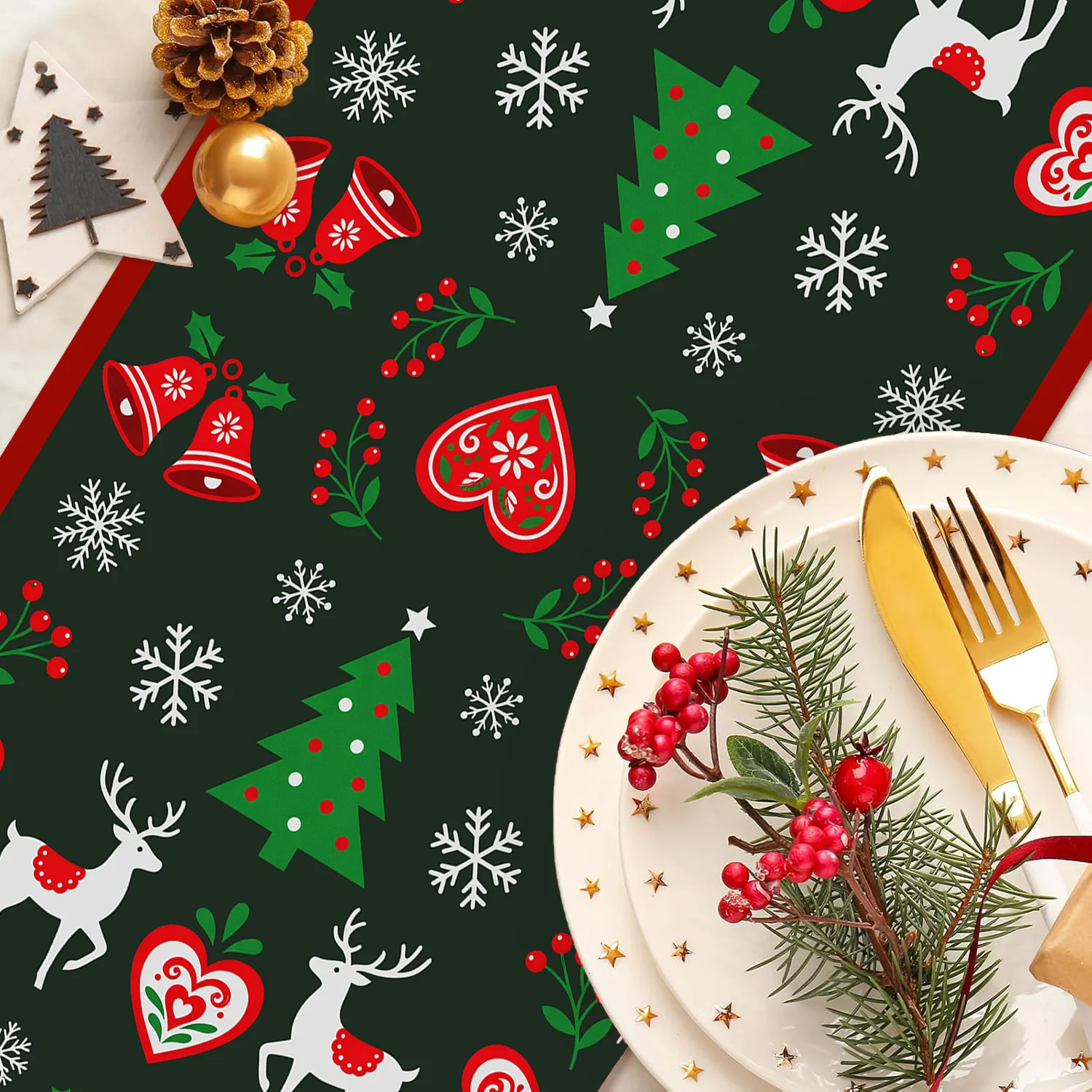 Scandinavian Christmas Table Runner Dala Horse Reindeer Holly Snowflake Tablecloth for Xmas Party Home Dining Table Decoration