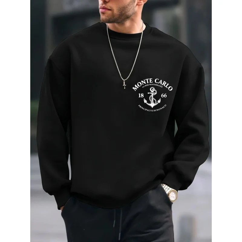 سويت شيرت رجالي أسود مونتي كارلو 1866 طباعة مرساة قطن عالي الجودة ملابس غير رسمية للرجال #1