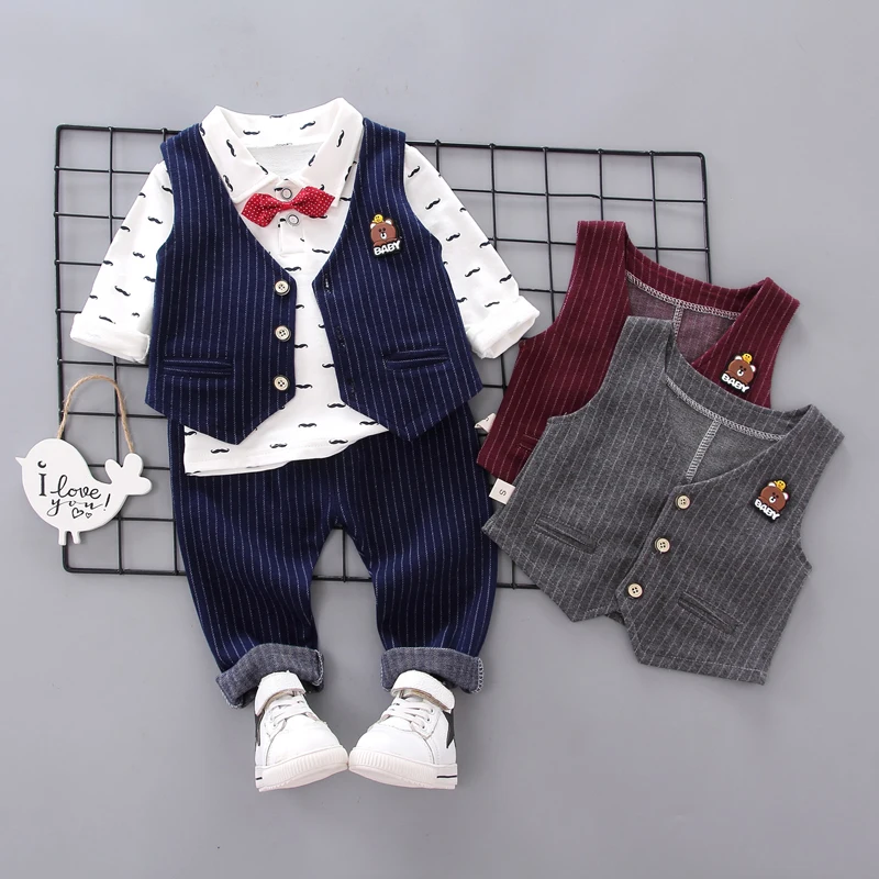 Boys Mustache Print Polo Vest 3 Piece Set Bow Tie Striped Pants Toddler Gentleman Suit Cotton Long Sleeve Fall 80-110
