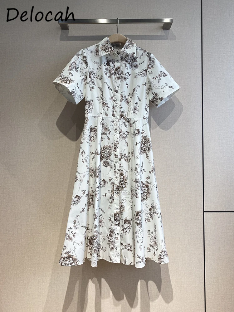 Imagem -04 - Delocah-vestido de Algodão Vintage Estampado para Mulheres Manga Curta Grande Balanço Linha a Designer de Moda Início do Verão Alta Qualidade