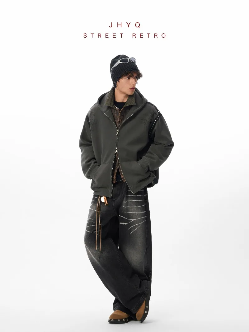 خريف جديد الأمريكية شارع العليا موضة الاتجاه الثقيلة برشام مقنعين سترة البلوز فضفاضة عادية تنوعا سترة للرجال