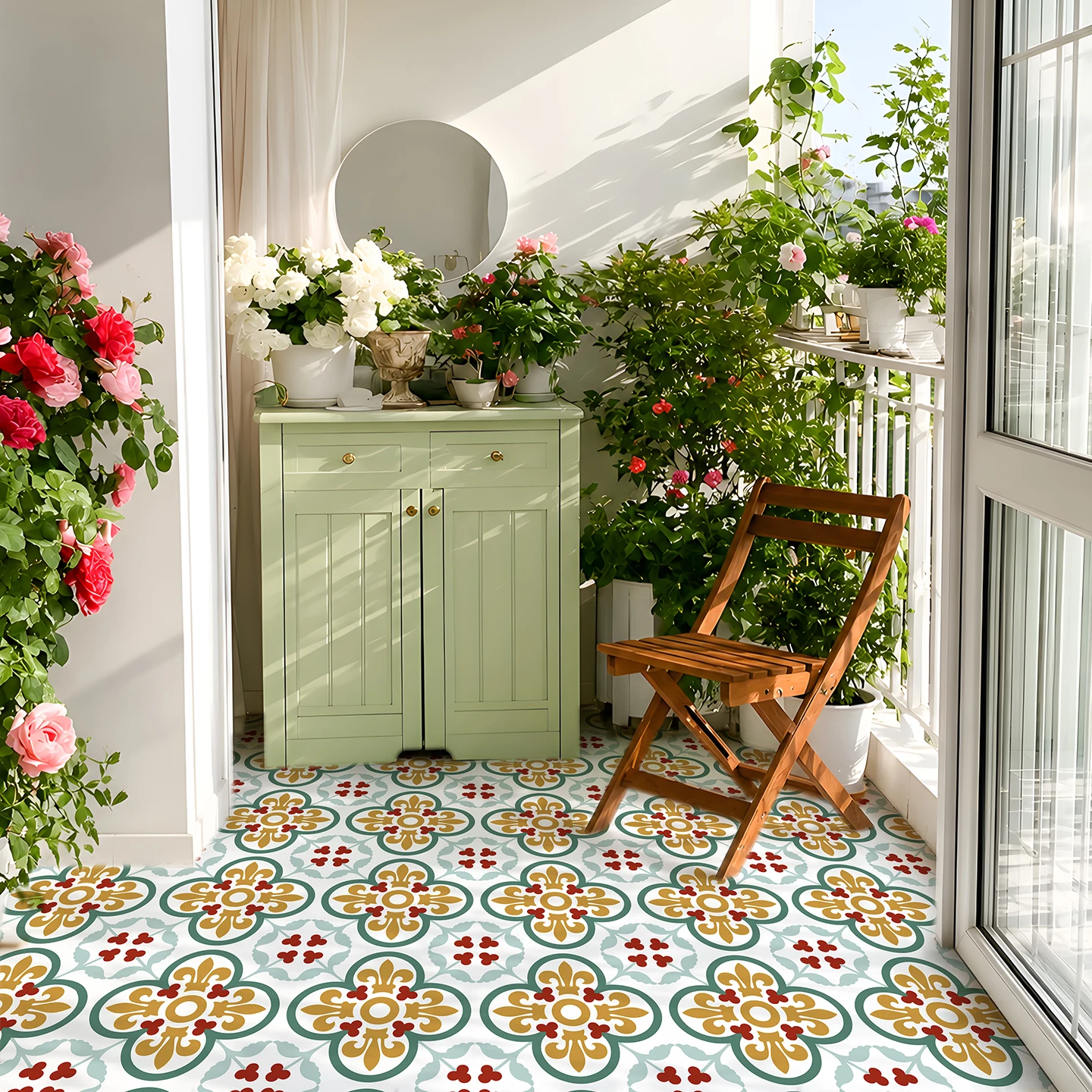 Mediterranean Floral Tile Decals, Colorful Peel and Stick Floor Covering for Kitchen, Bathroom, Entryway and Rental Home Decor