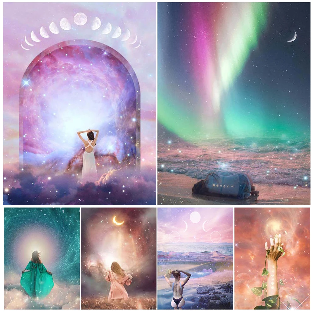 Moon Phase Witch Gothic Wall Art Canvas Painting Galaxy Goddess Surreal Fantasy Art Poster And Print Home Decoration Unframed