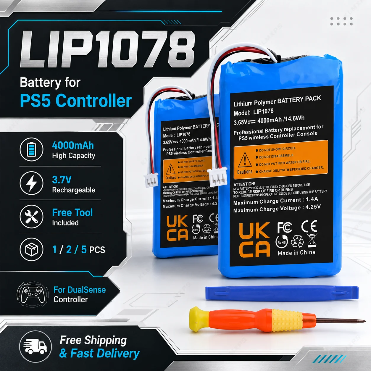 4000mAh Replacement LIP1708 Lithium Battery Pack Compatible With PS5 CFI-ZCT1W Wireless Gamepad