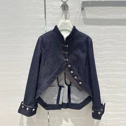 2024 New Autumn Fashion Navy Denim Slim Chic Jacket Women Stand Collar Split Single Breasted Long Sleeve Retro Designer Coat