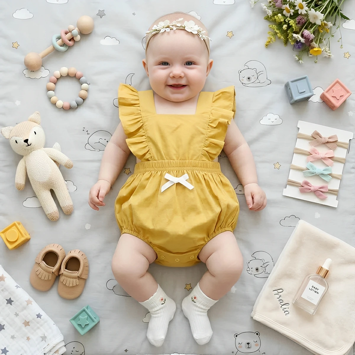 

Sleeveless Solid Bow Baby Girls Onsies Summer Princess Toddler Clothing
