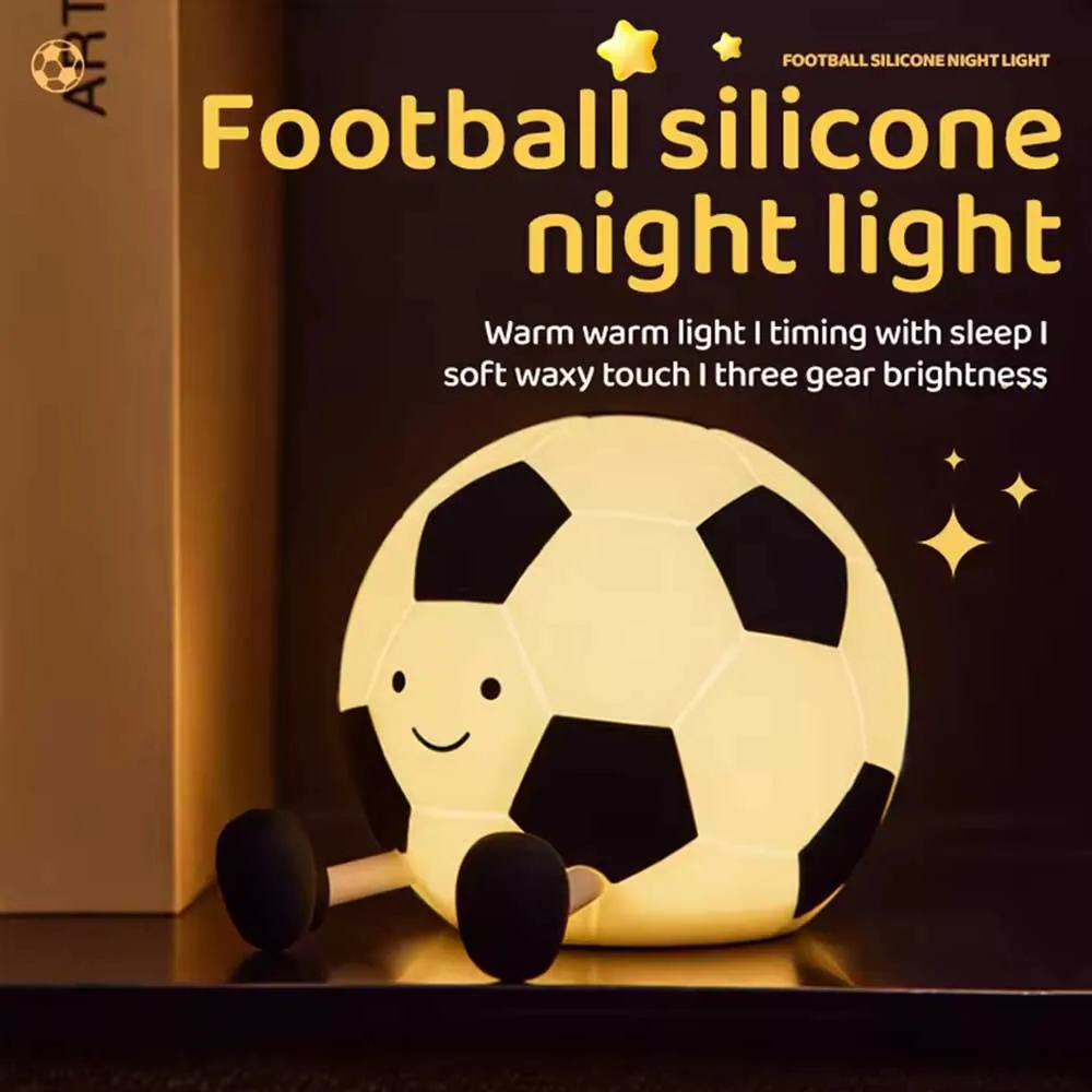 Cute Soccer-Themed Silicone Tap-Activated Night Light, Warm-Tone LED Light with 3 Brightness Settings, Timer Function, USB-C
