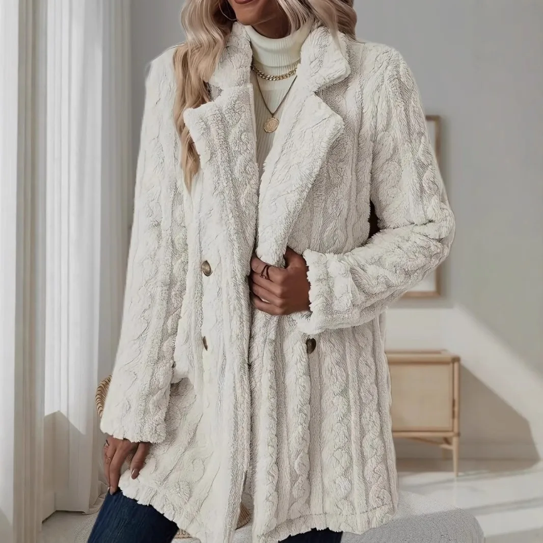 Thick Casual Coat Midi Length Straight Fit Elegant Commuter with Regular Sleeve Double Breasted Wrinkle Finish Women Autumn Coat
