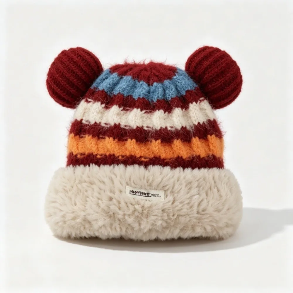 Thermal Women Knitted Beanie Hat Ear Protection Knit Warm Winter Hat Colorful Striped 56-58CM Bear Ears Hat Outdoor Cycling