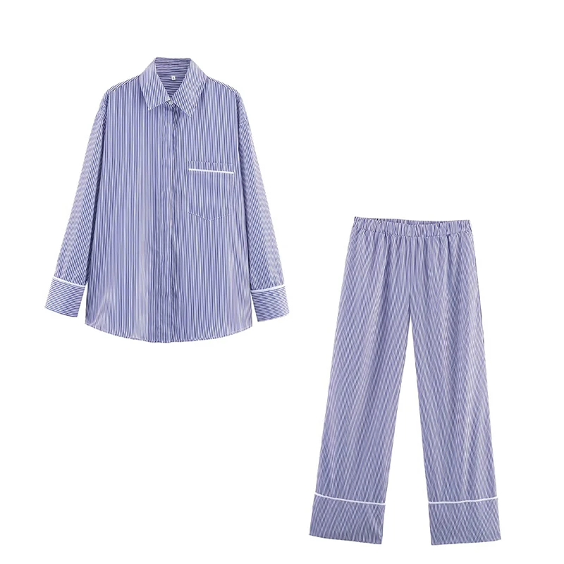 Button-Up Shirt and Wide-Leg Pants Sleepwear for Daily and Night Elegant Striped Pajama Set for Women