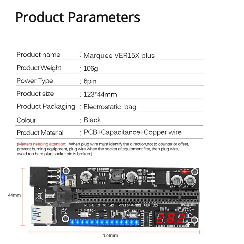 PCIE Riser 15X Plus pci-e 16X Riser VER15X Riser Card 6pin Power 14LED luci Display della temperatura per Miner Mining