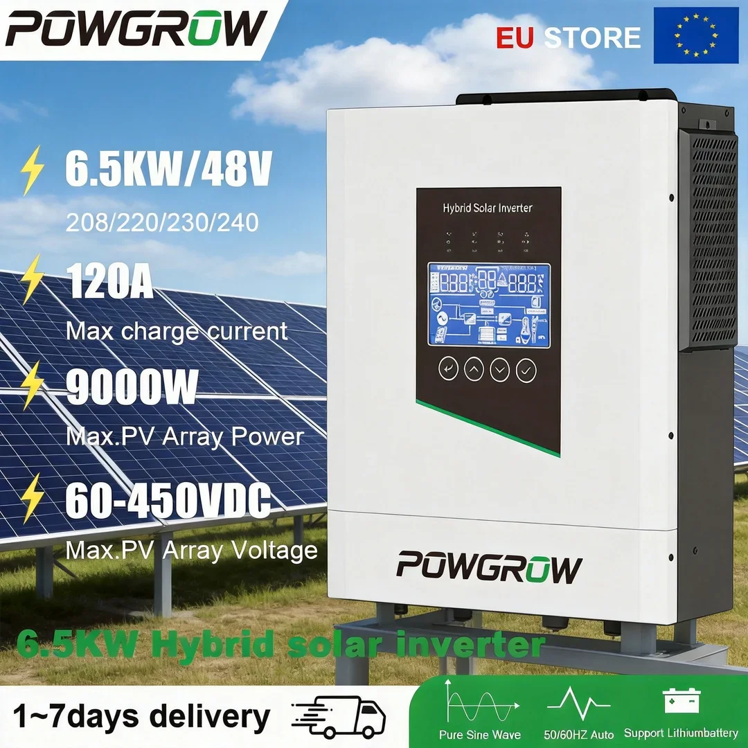 POWGROW Onduleur Solaire Hybride 6.5KW 48V avec Chargeur Solaire MPPT 120A, Onduleur 220VAC, Entrée PV 450VDC et Double Sortie, Wi-Fi Intégré