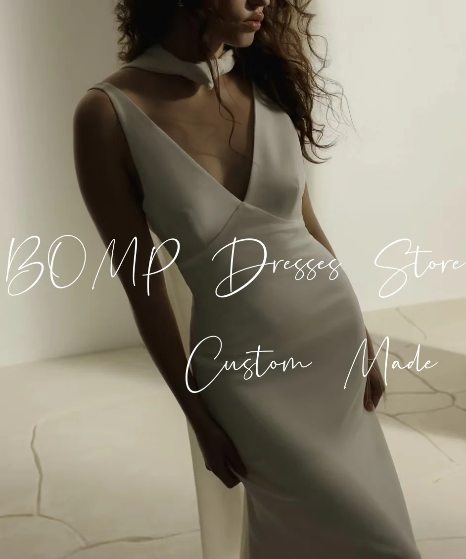 BOMP เรียบง่ายงานแต่งงานชุด V คอ backless นางเงือกสวีปเทรนไอวอรี่ซาตินชุดเจ้าสาวที่กำหนดเองสง่างามเดรส เดอ โนเวีย