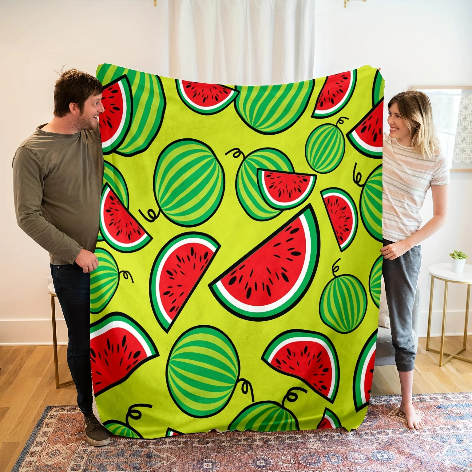 Cartoon Watermelon Fruit Flannel Throw Blanket, Bright Green Summer Slice Print Soft Warm Blanket for Sofa Bedroom Home Decor