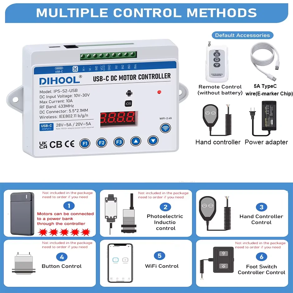 DIHOOL S2-USB DC/AC Motor Controller DC10V-30V 10A Smart WiFi Remote Control Linear Actuator Controller USB-C Power Bank Control