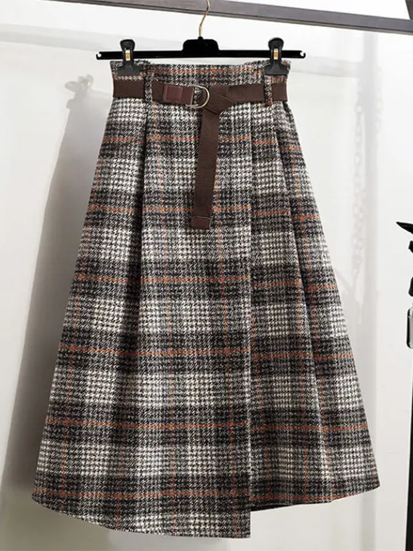 

Irregular Large Hem Woolen Plaid Skirt High Waist A-Line Midi Skirt Ele Autumn Faion Women's Premium Quali f Skirt