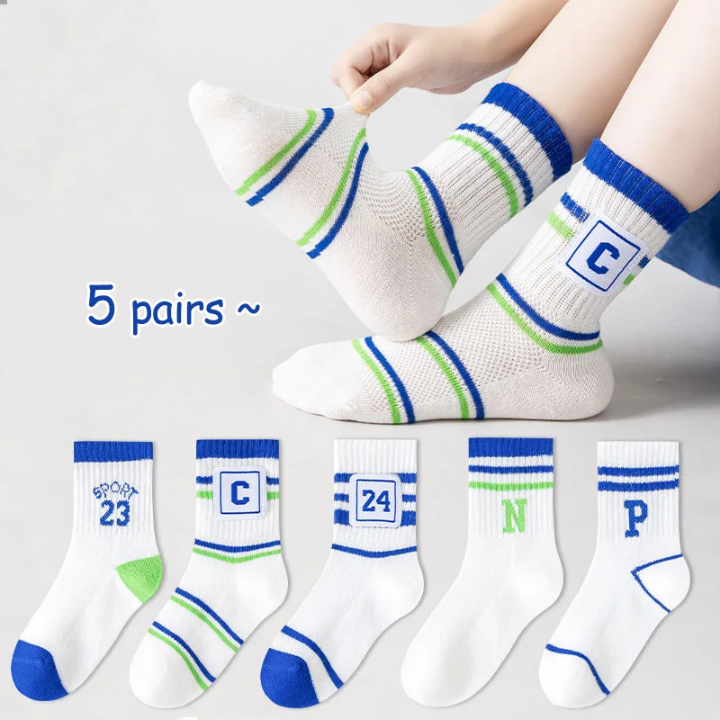 5 pairs of children's socks Boys' summer mesh midtube socks girls' Midtube socks Large children's student socks casual cotton so