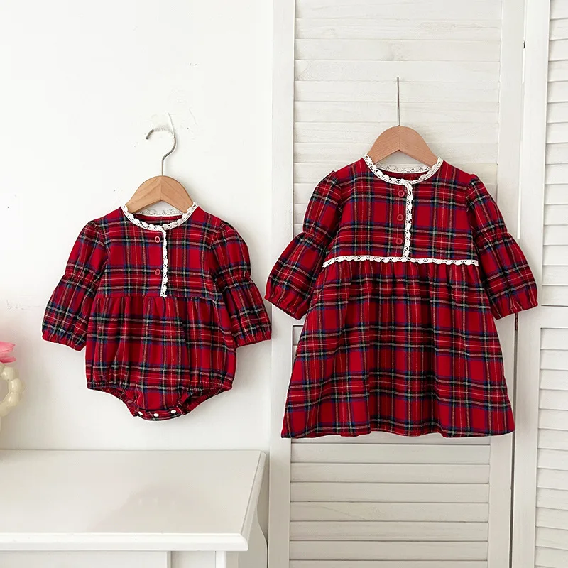 2025 Autumn Girls Matching Sister Outfit Kids Dresses Red Plaid Dress Long Sleeve Baby Romper for Toddler 0-3 Years Christmas