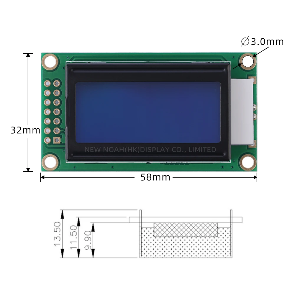 ยุโรปฟิล์มสีฟ้าตัวอักษรสีขาว 0802B-2 3.3V ตัวอักษร Dot Matrix หน้าจอ 58X32X13.5 มม.8*2 ตัวอักษรหน้าจอ LCD COB โมดูล LCD