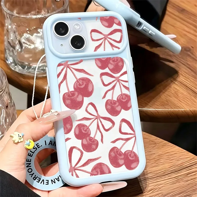 Coquette Pink Cherry Bow Print Phone Case, Large Window Soft TPU Shockproof Cover For iPhone