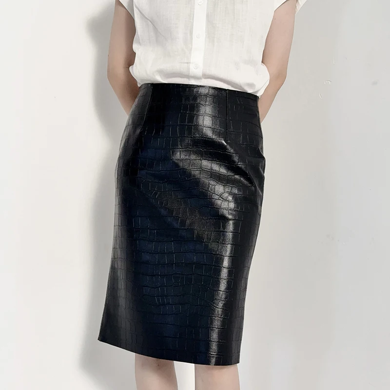 High Quality Leather Skirts for Women Crocodile Pattern Sheepskin Skirt Back Split Wrap Hip Retro Sexy Simple Midi Flada Mujer