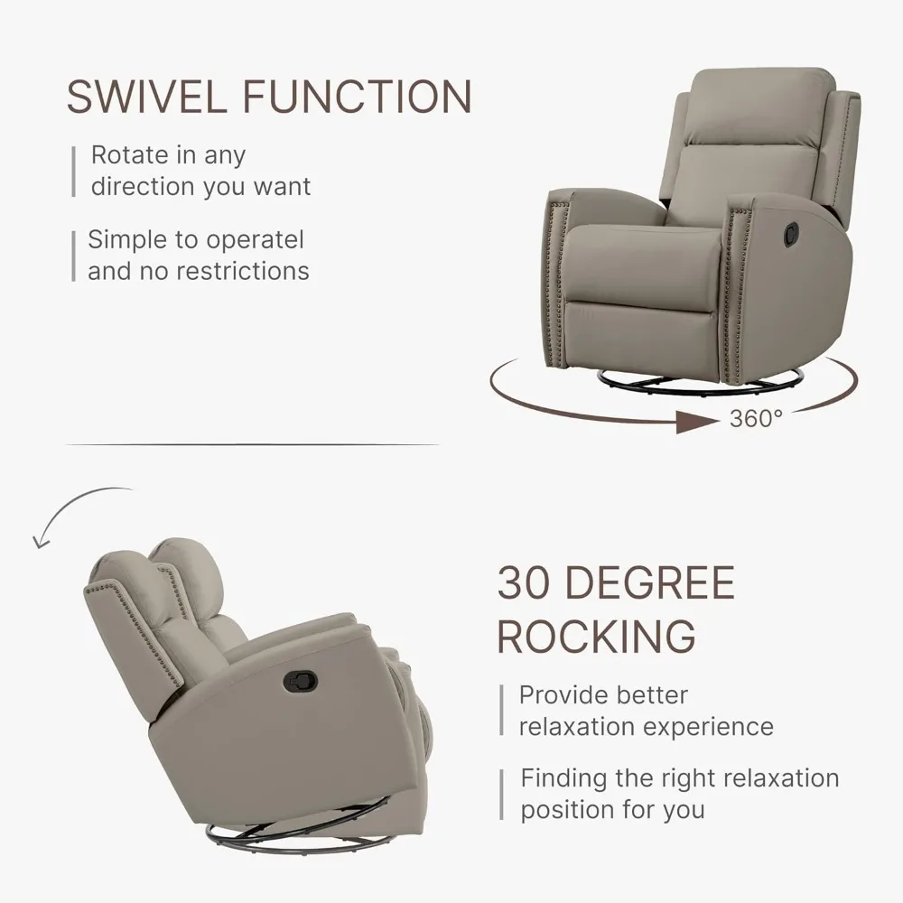 Leather Recliner Chair Swivel Rocker Manual Single Sofa with Rivet Decoration for Living Room Bedroom Home Theater Seating, Gray