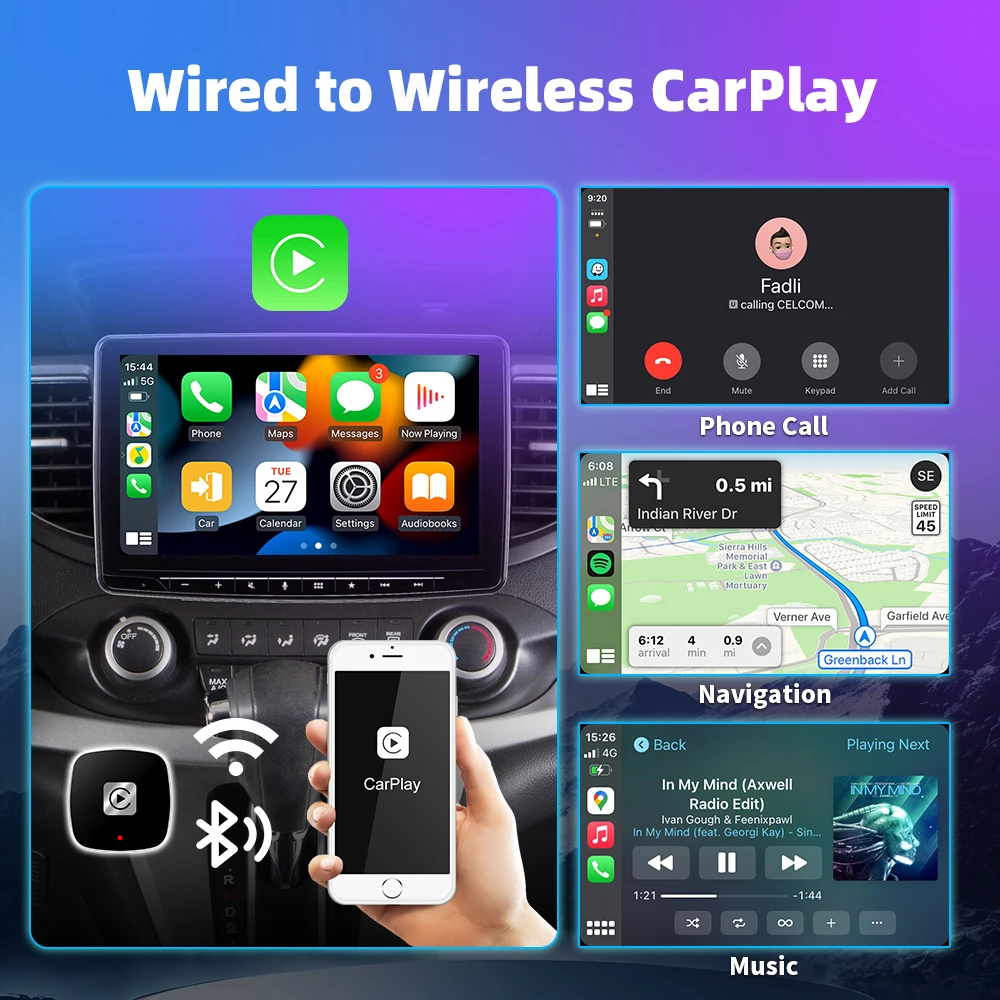 Hidden Style Mini Size 2-In-1 Wired To Wireless Carplay Adapter & Android Auto Wireless Adapter Plug & Play with Type C Adapter