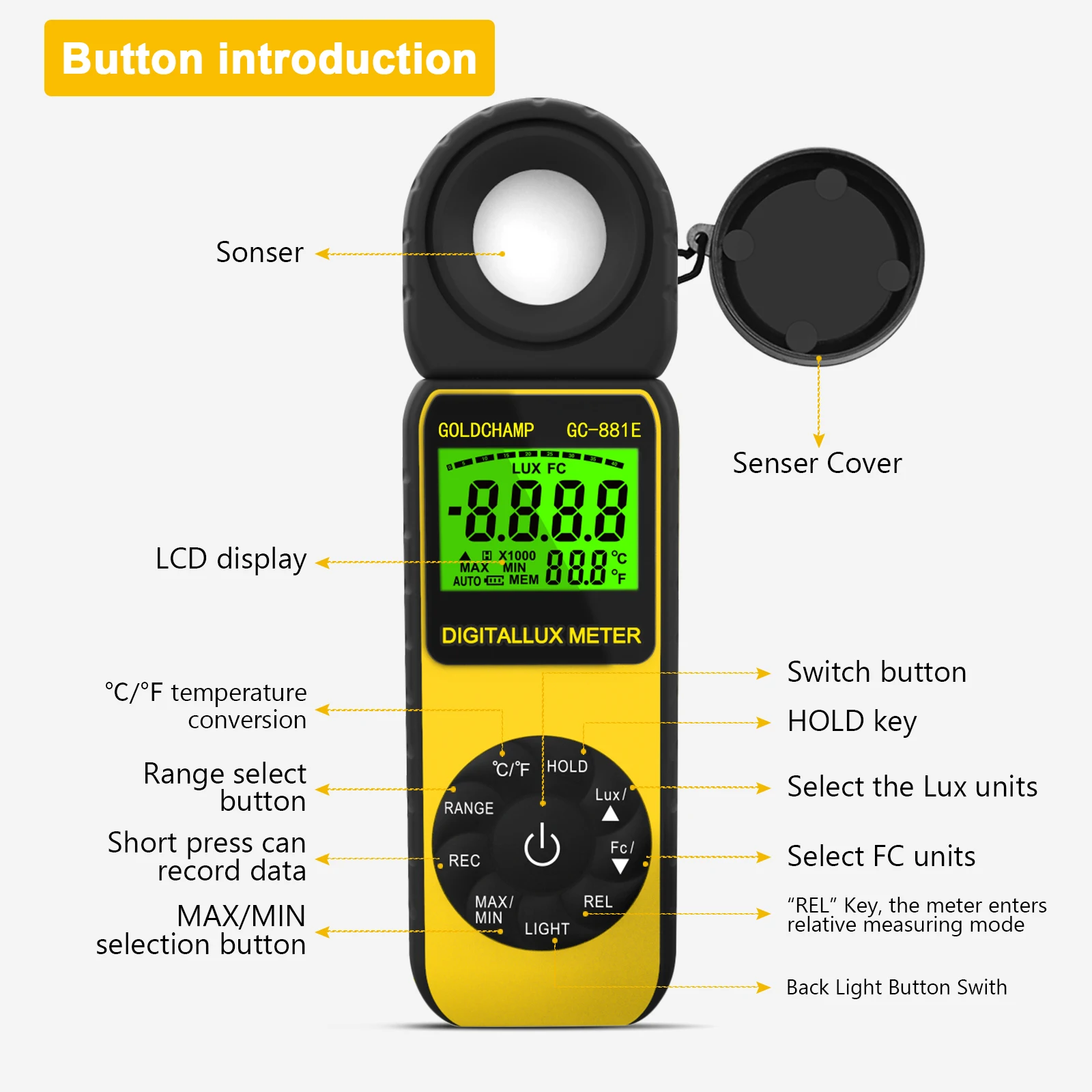 Esposimetro, Luxmetro digitale, Fotometro per la misurazione della luce 300.000 Lux con mantenimento dei dati, LCD con retroilluminazione, 270 °   Girevole