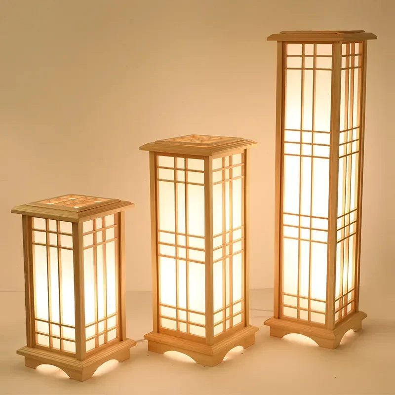 Floor Lamp Japanese Style Living Room Bedroom Decoration LED Lights Solid Wood Lampshade Sofa Dining Table Plum Blossom Pattern